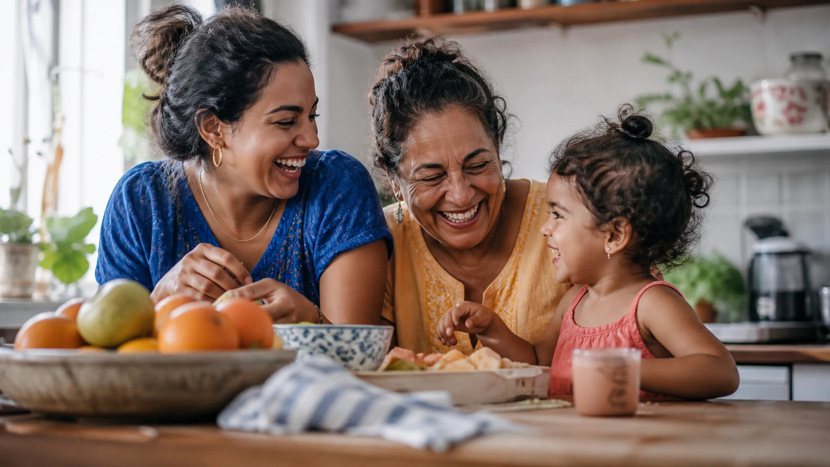 Three generations sharing unguarded laughter together in a lived-in family kitchen