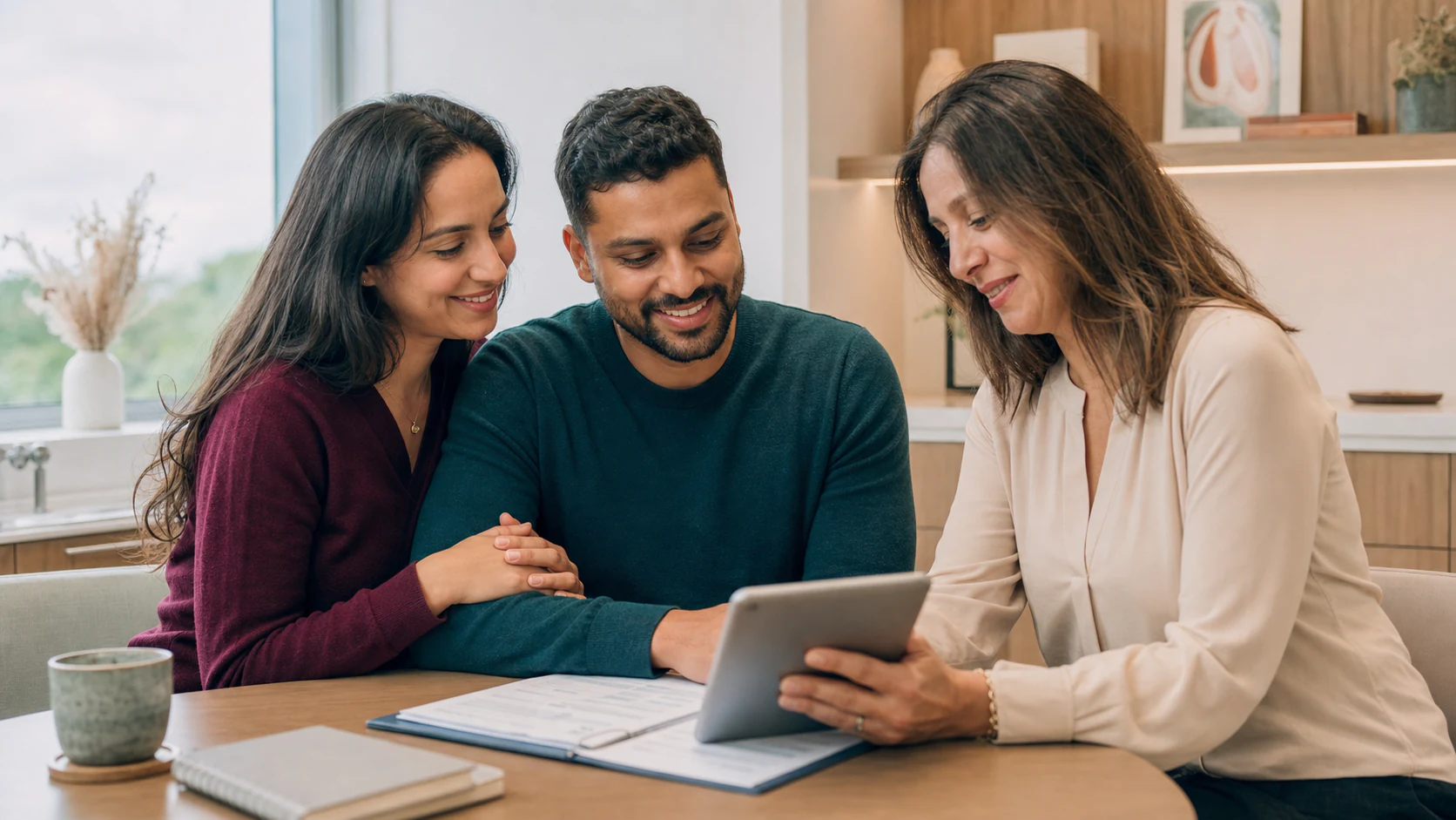 A couple sharing a hopeful fertility consultation with a specialist in warm natural light