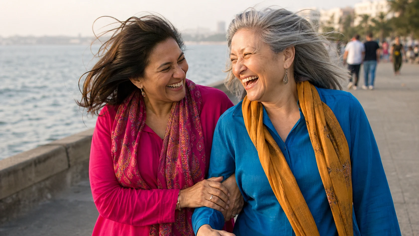 Two women in midlife laughing together as the wind catches their hair beside the water
