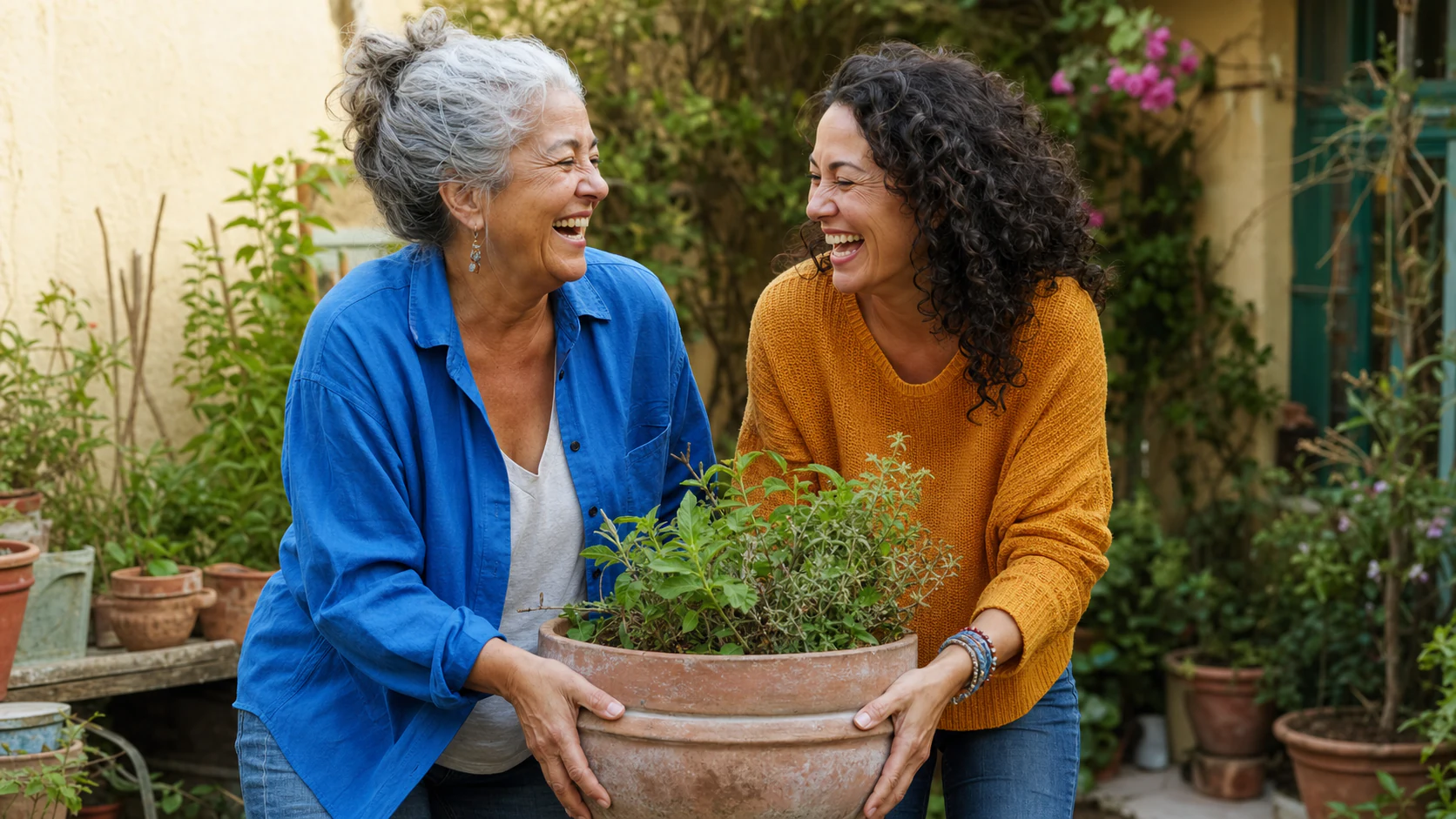 An older woman and her adult daughter laughing together as they lift a planted pot in their garden