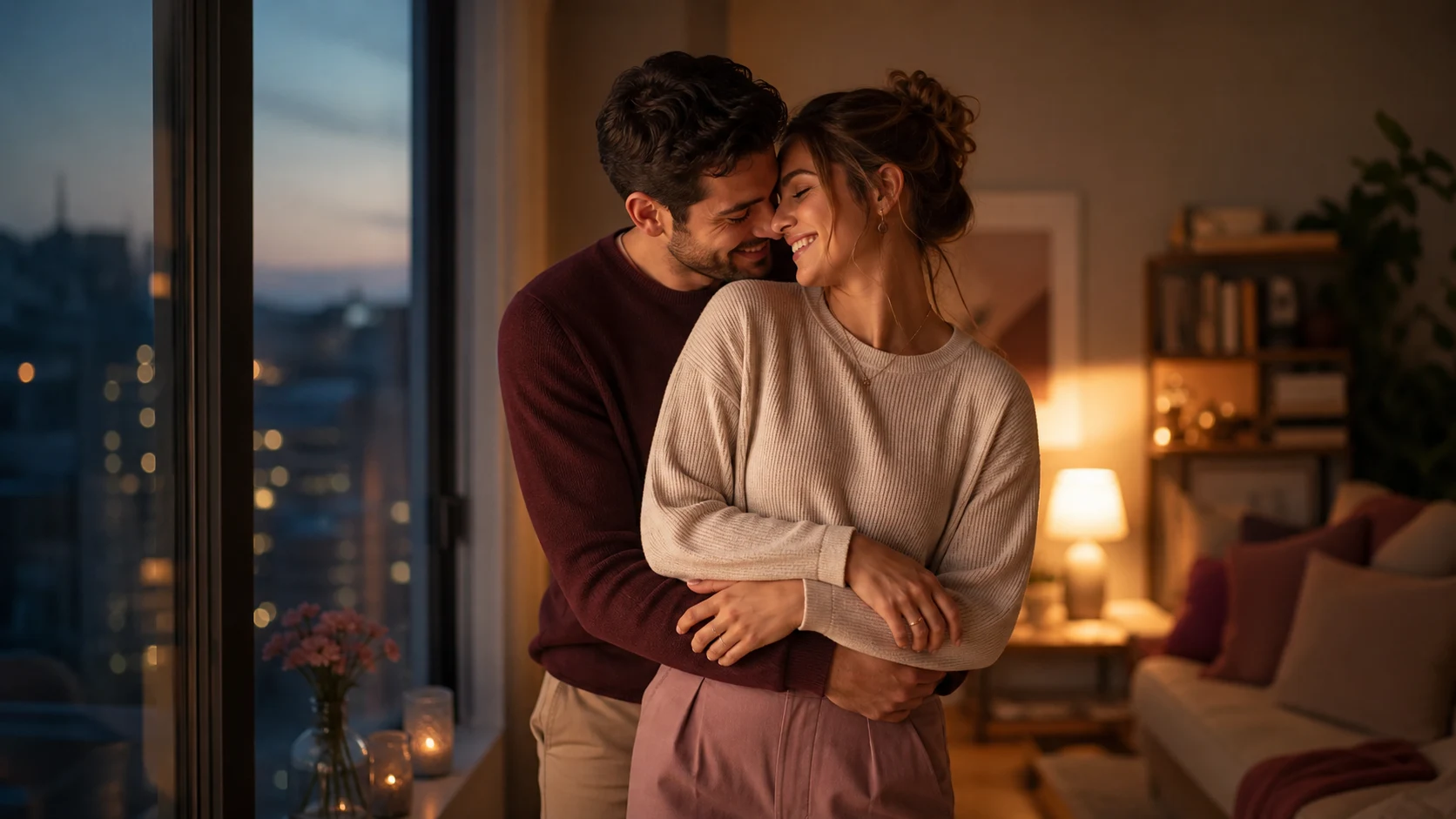 A young couple sharing a close affectionate moment at home